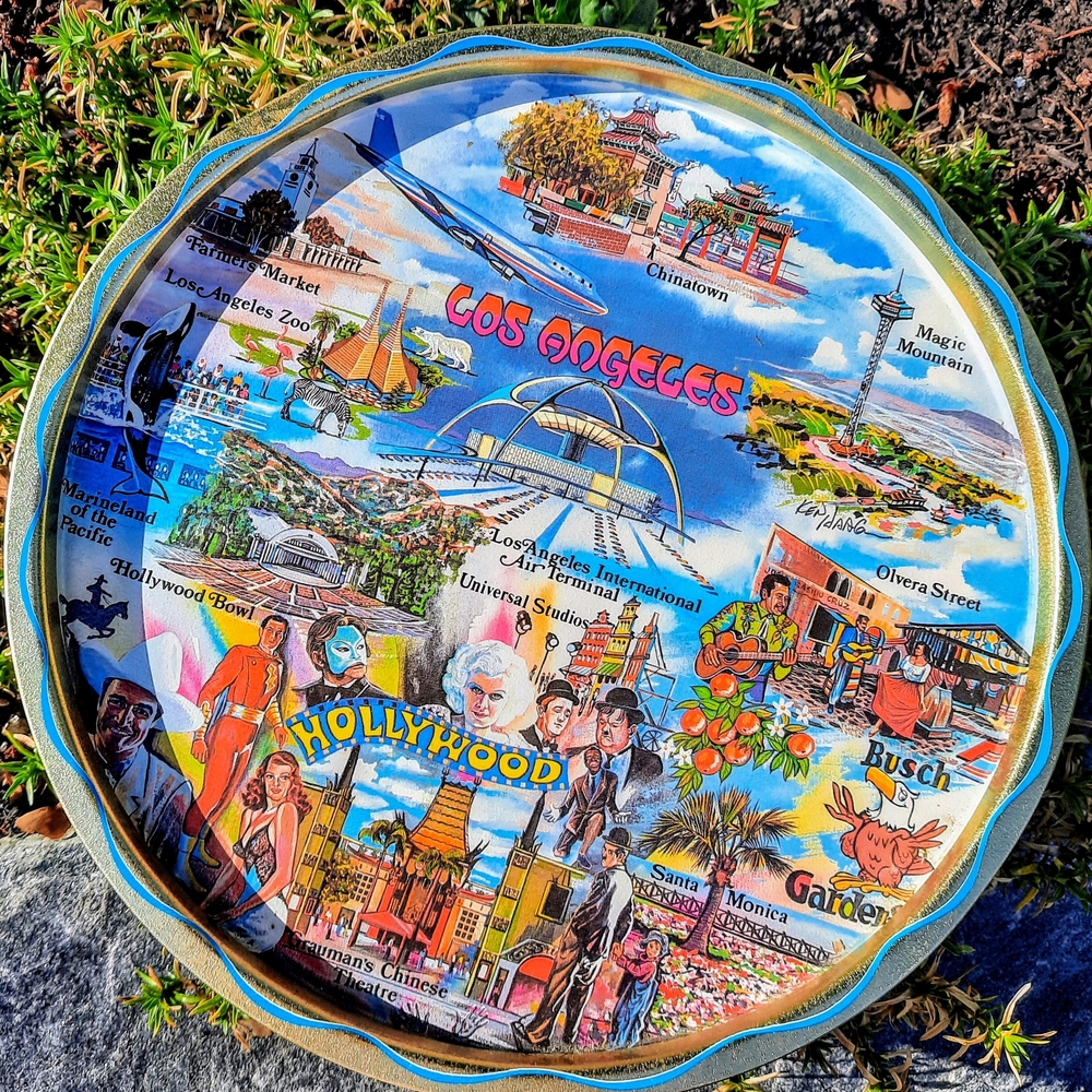 Vibrant vintage 1970's metal souvenir tray featuring iconic Los Angeles landmark